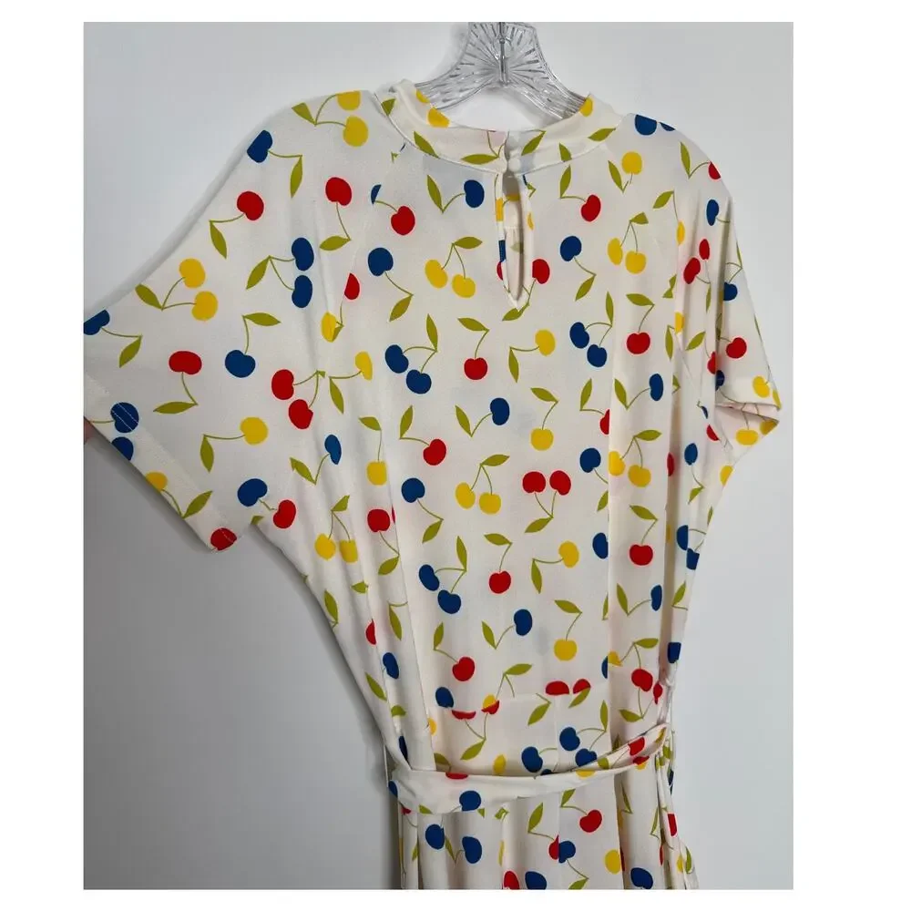 ModCloth Cherry Print retro swing Fit & Flare Dress mock neck & belt XL